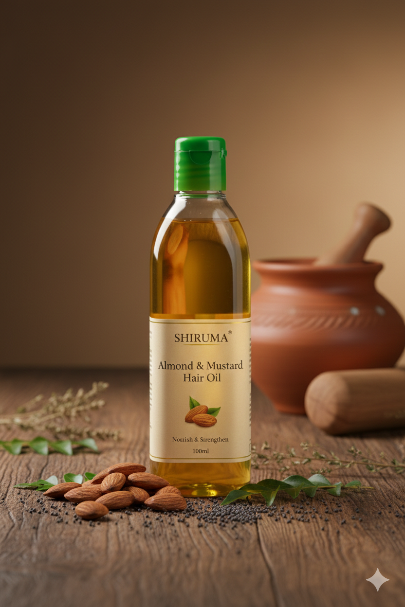 Bottle of Shiruma Almond & Mustard Hair Oil on a wooden surface with almonds and a mortar and pestle.