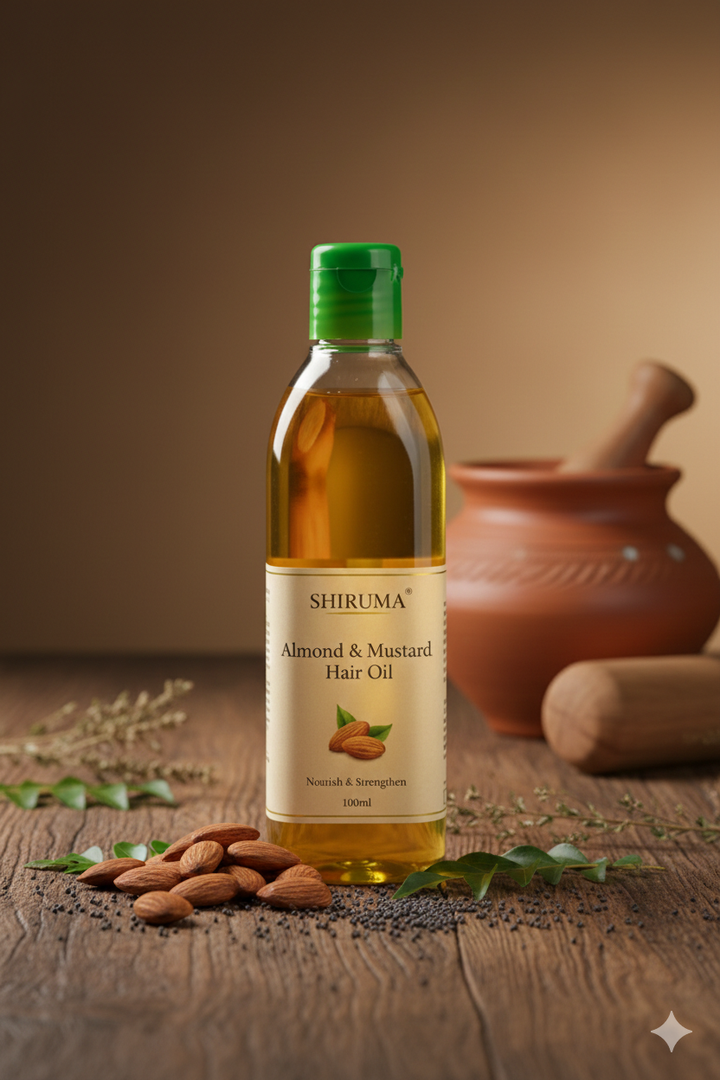 Bottle of Shiruma Almond & Mustard Hair Oil on a wooden surface with almonds and a mortar and pestle.