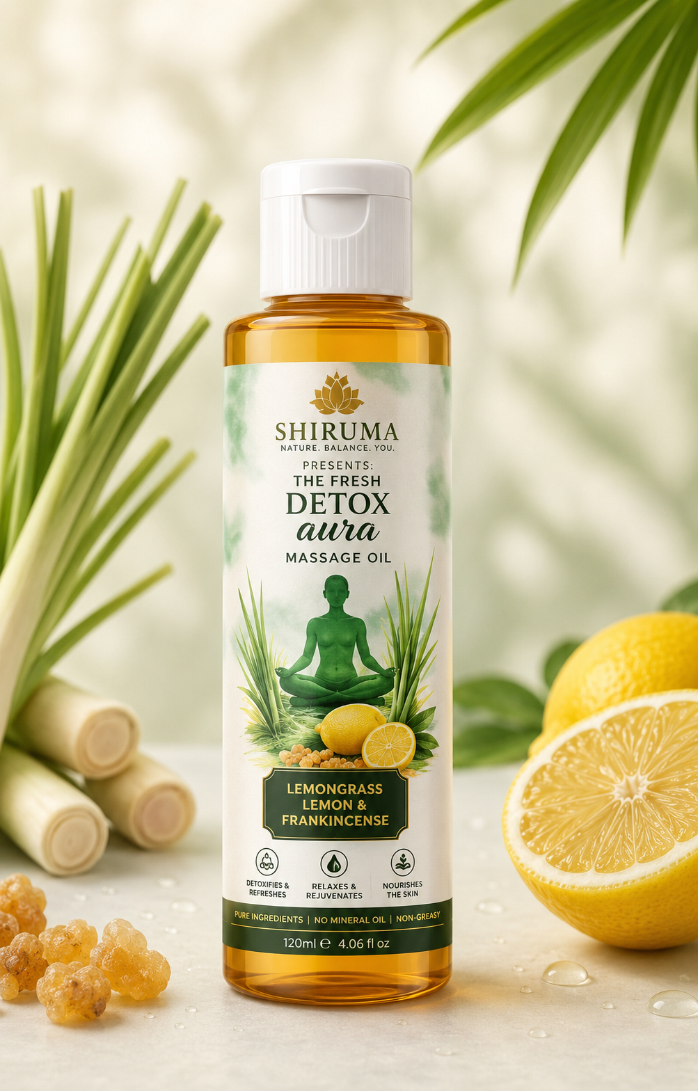 Shiruma Fresh Detox Aura Massage Oil – Lemongrass, Lemon & Frankincense | 120ml
