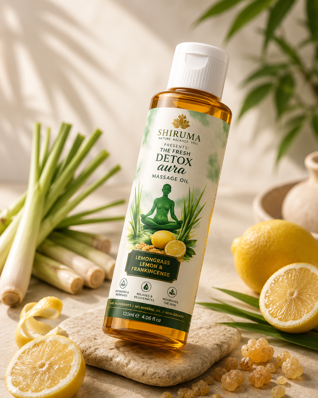 Shiruma Fresh Detox Aura Massage Oil – Lemongrass, Lemon & Frankincense | 120ml