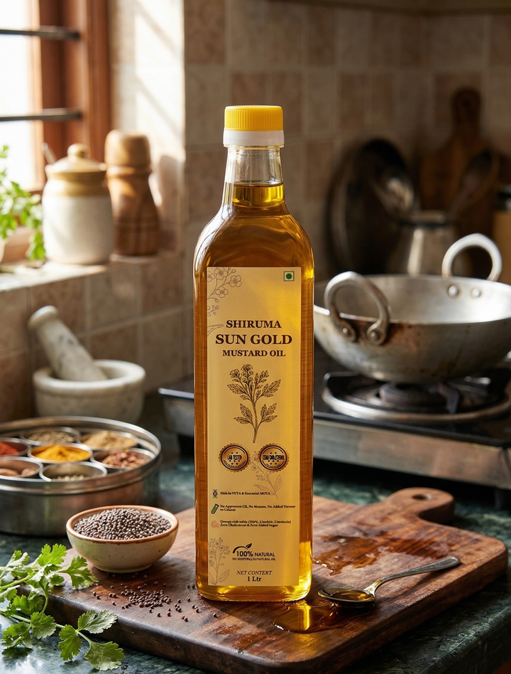 Bottle of Shishuma Sun Gold Mustard Oil on a kitchen counter with ingredients and utensils in the background.